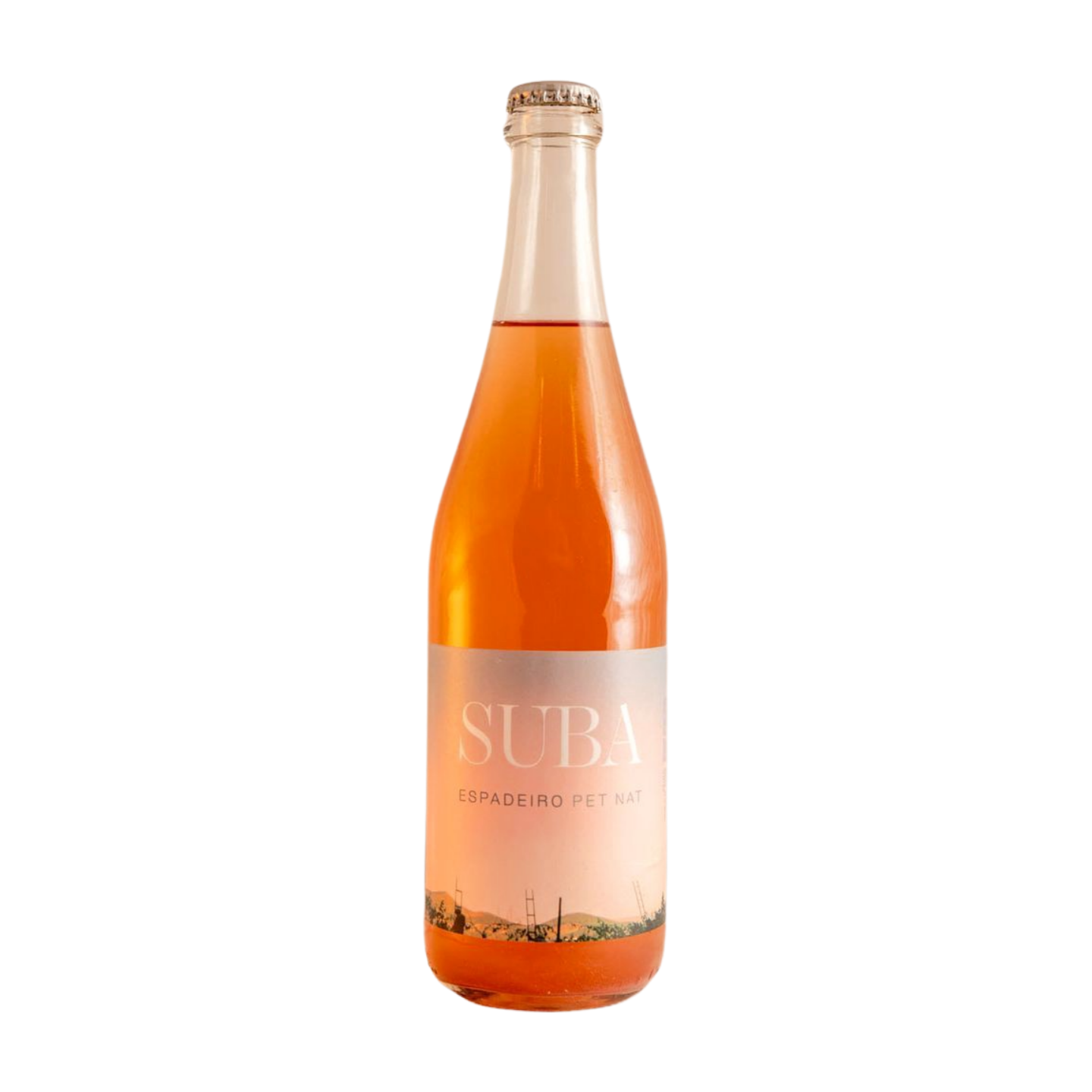 A bottle of Peluda Vinhos Suba Pet Nat Espadeiro wine with a pink hue and a label that includes the text 'SUBA' and 'Espadeiro Pet Nat'.