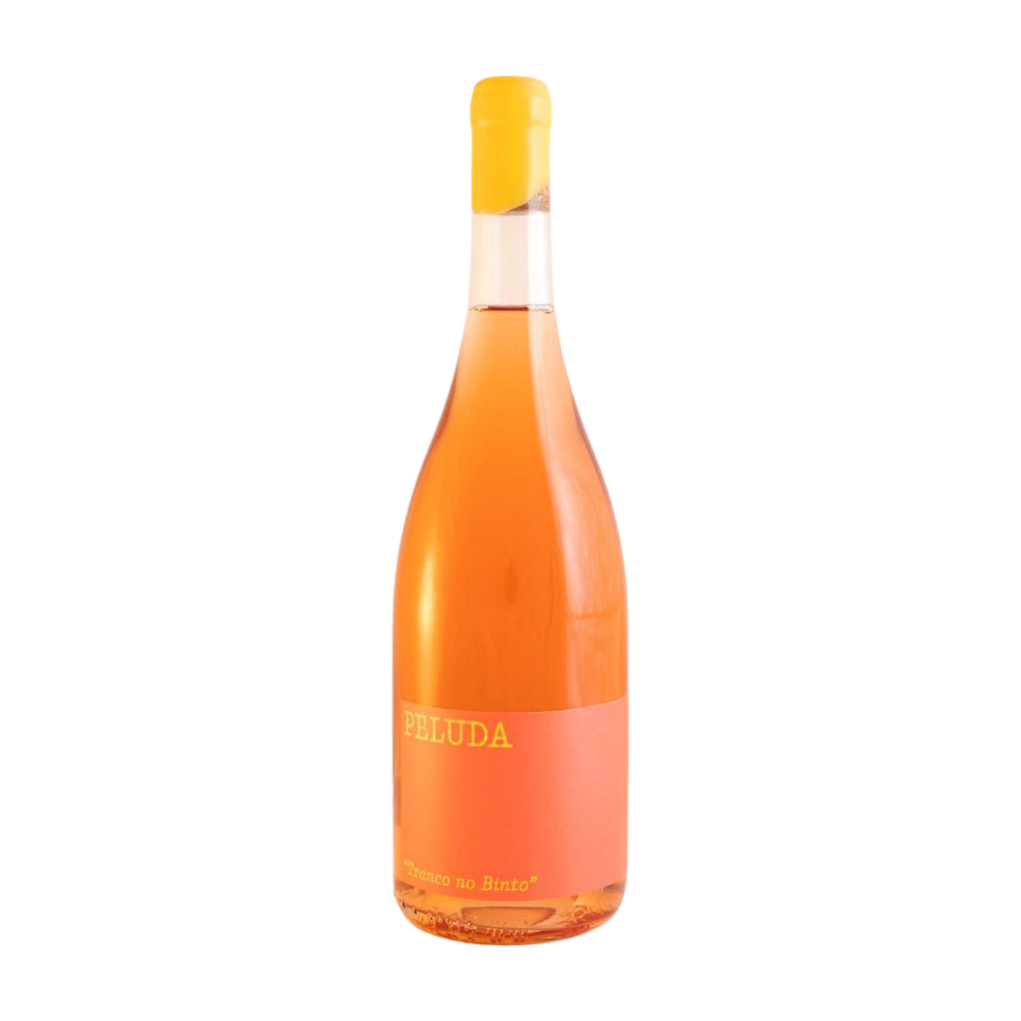 This image features a bottle of "Peluda Vinhos - Tranco no Binto," a wine product from Portugal. The bottle is tall and slender, with a vibrant orange hue that suggests the wine's deep red color.
