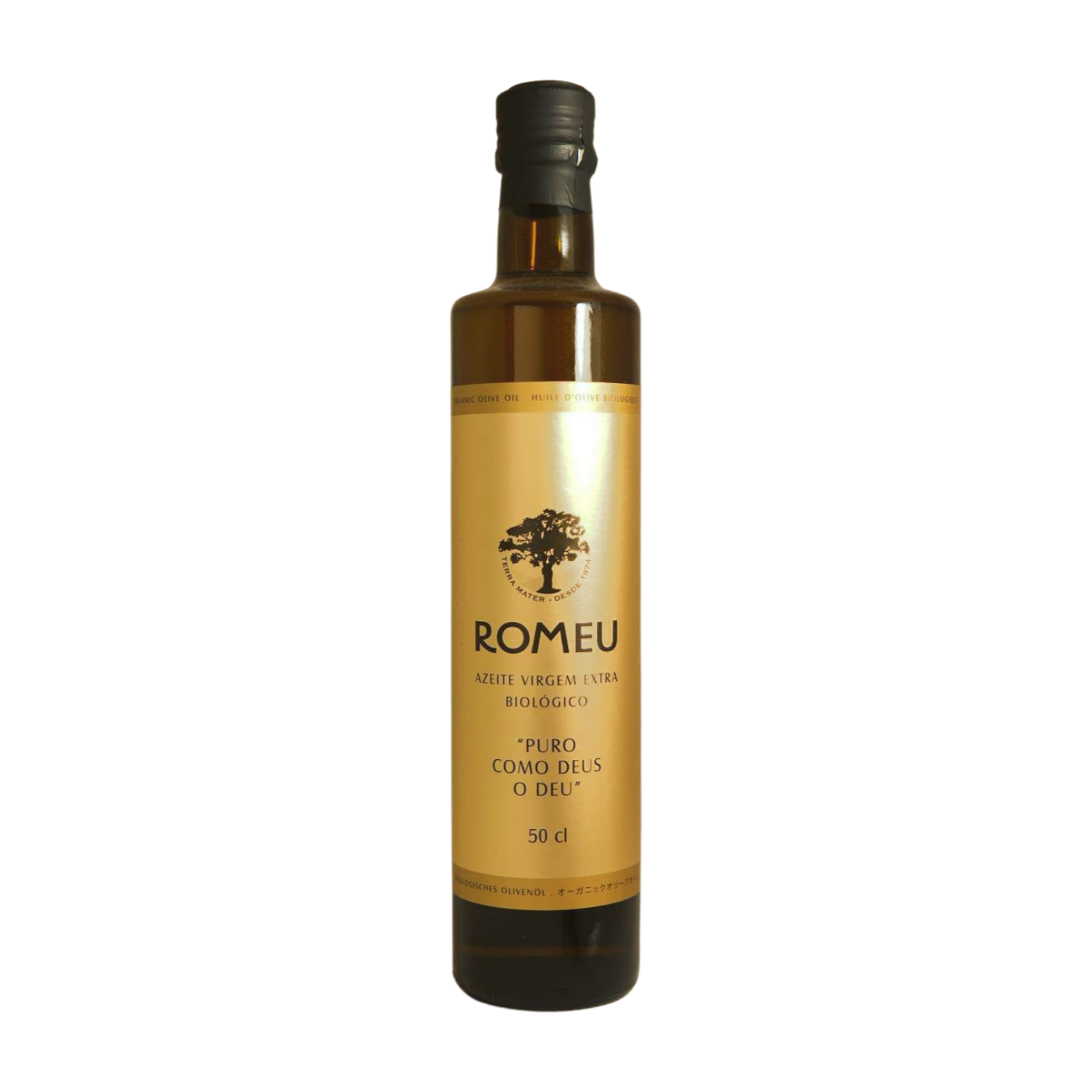 A bottle of Quinta do Romeu organic extra virgin olive oil with a label showing a tree and the text 'Romeu since 1941'. The bottle is 500ml in size.