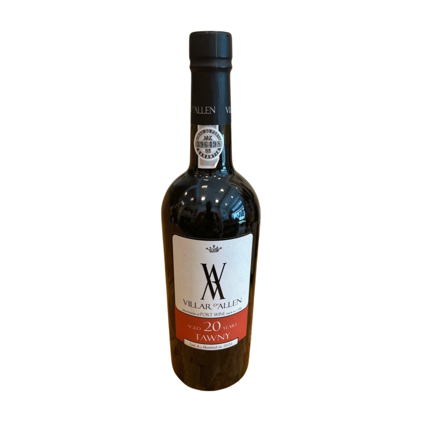A bottle of Villar d'Allen 20-year-old Tawny Port wine with a label displaying the brand, product name, and age.