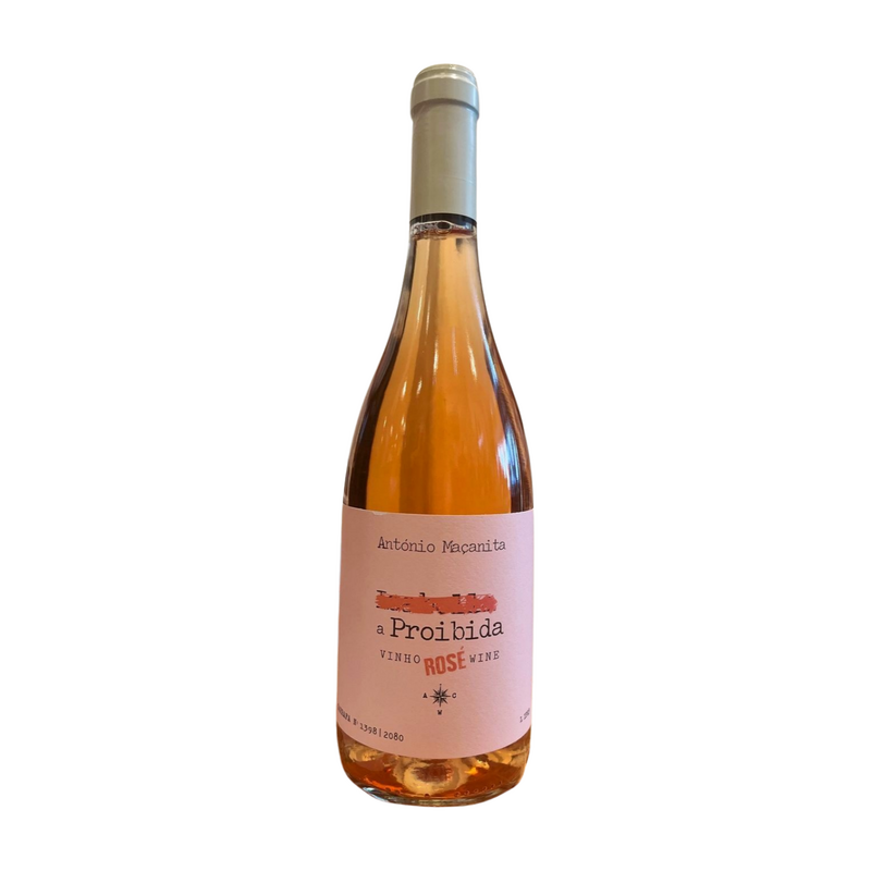 Bottle of Azores Wine Company Proibida Rosé wine with a pink label and light pink liquid visible in the bottle.