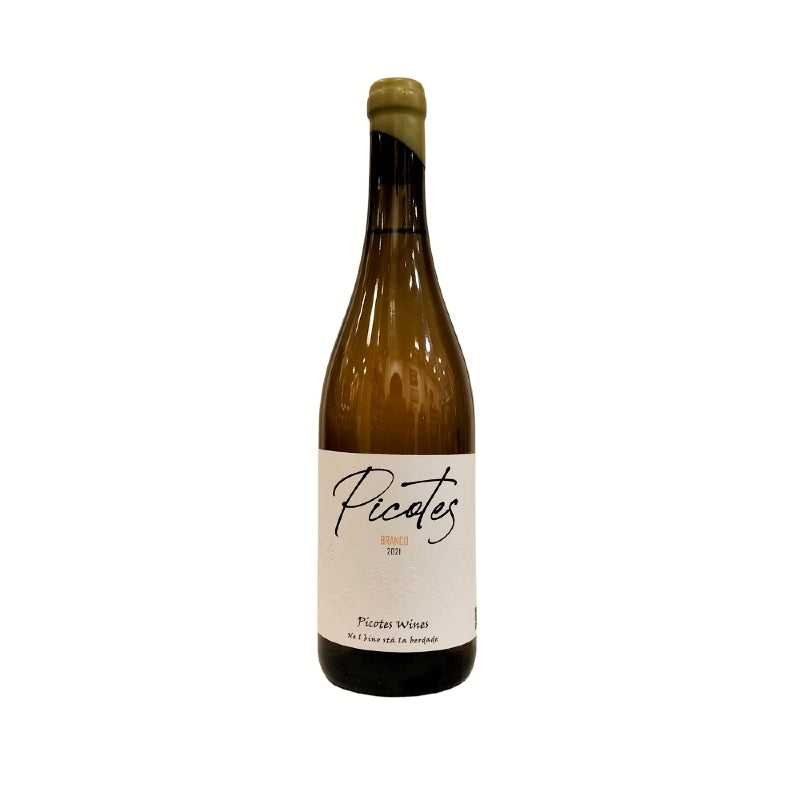 A bottle of Picotes Wines - Branco with a white label on a clear background.