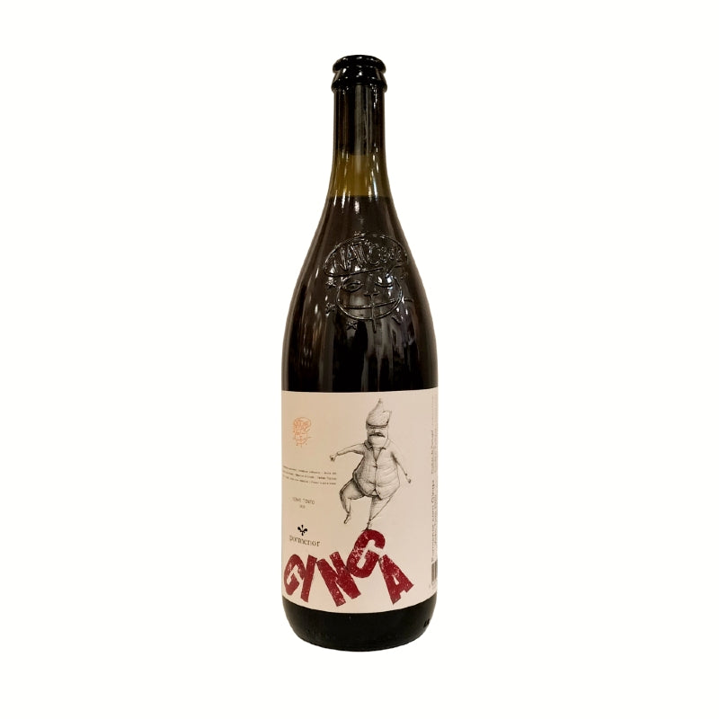 A bottle of Pormenor Ginga NatCool wine with a label featuring an illustration of an old man dancing.