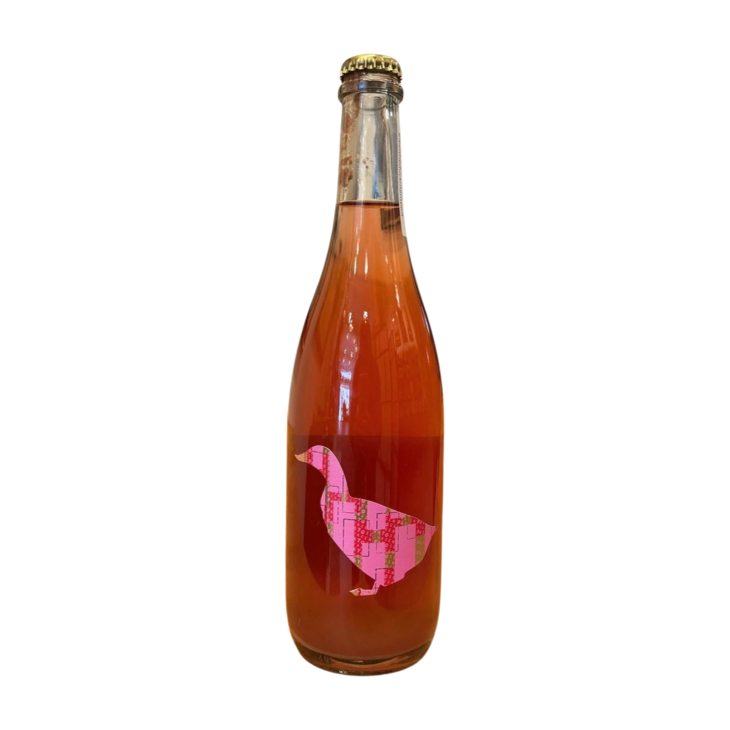 A bottle of João Pato Rosa Duck Pet Nat Rosé with a pink label in the shape of a duck.